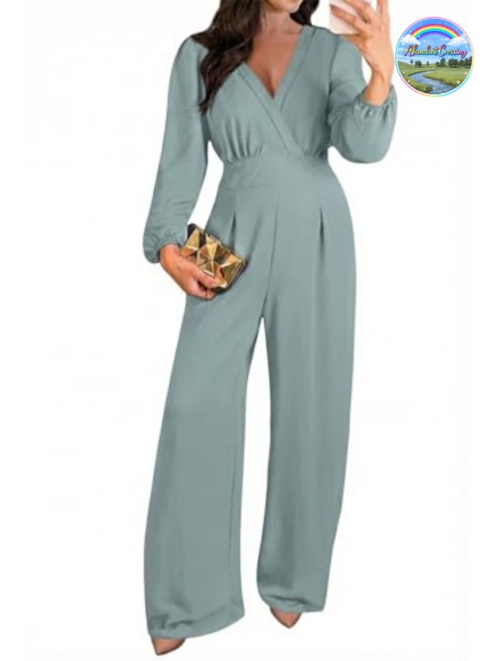 Pink Queen Long Sleeve V Neck Wide Leg Jumpsuit with Pockets
